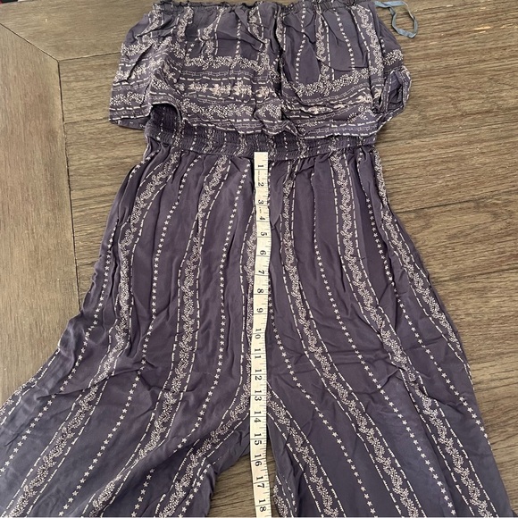 Japna Wide Leg Romper Women's Blue Flare Strapless Smocked Jumpsuit - Picture 8 of 9